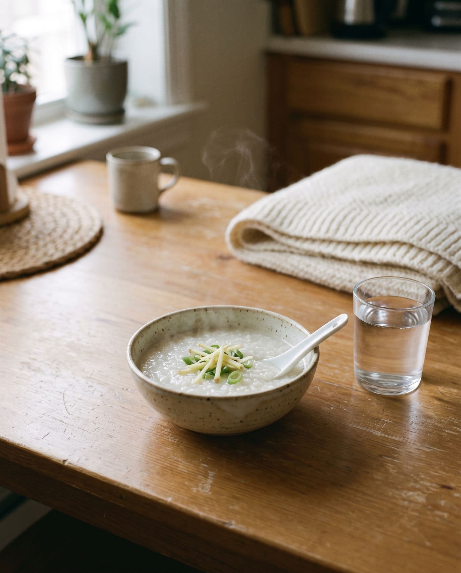 Un plato de arroz caldoso y un vaso de agua en la mesa de la cocina