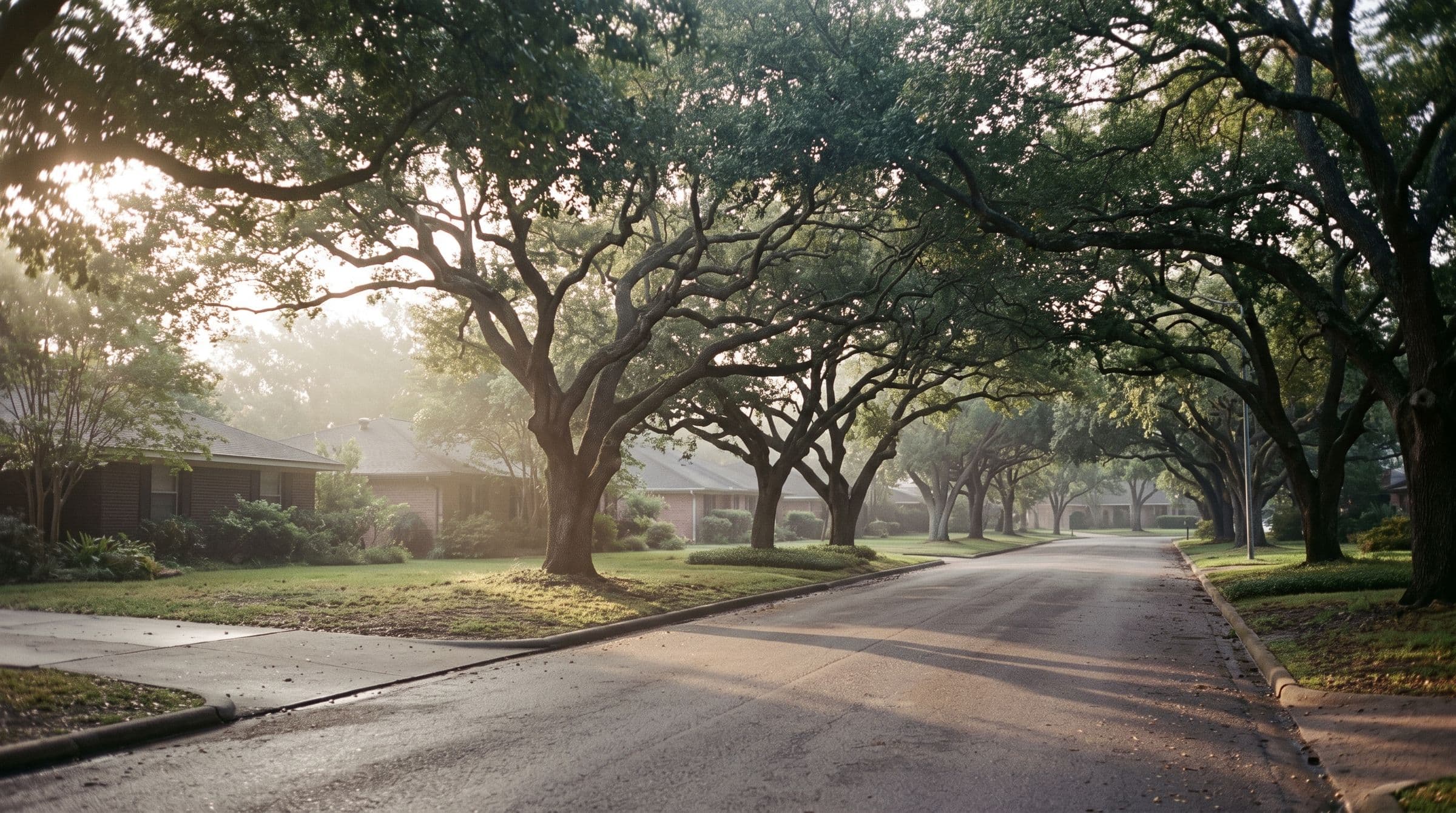 A quiet Houston street lined with oak trees in the morning
