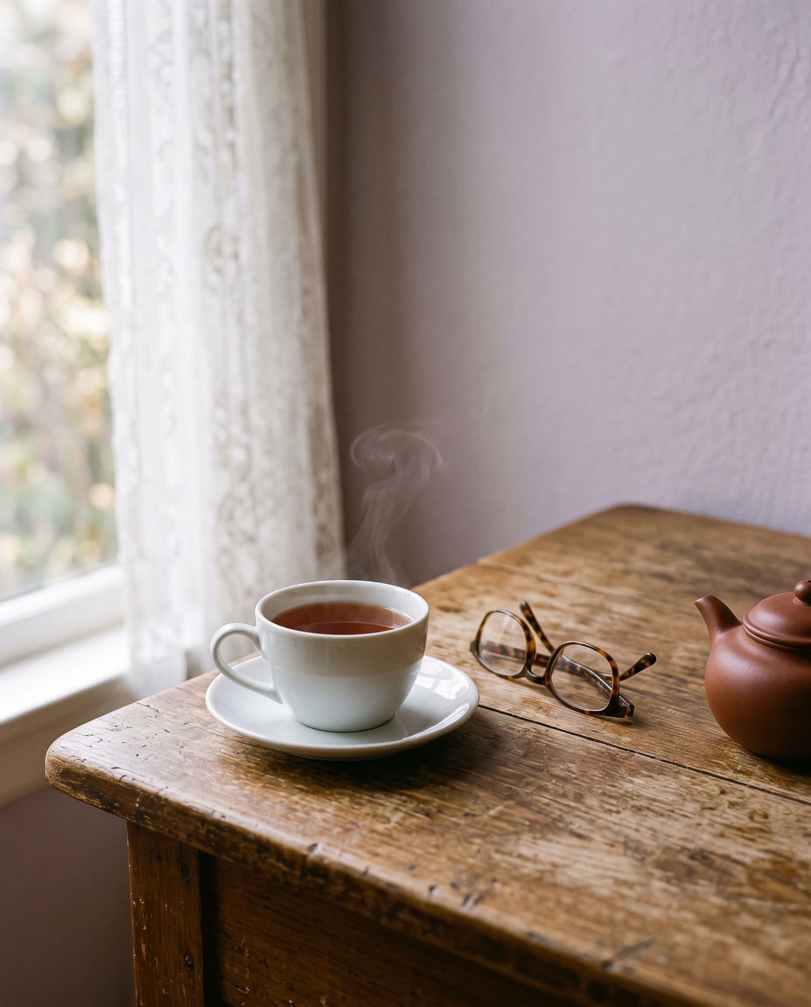 A cup of tea and reading glasses by a window