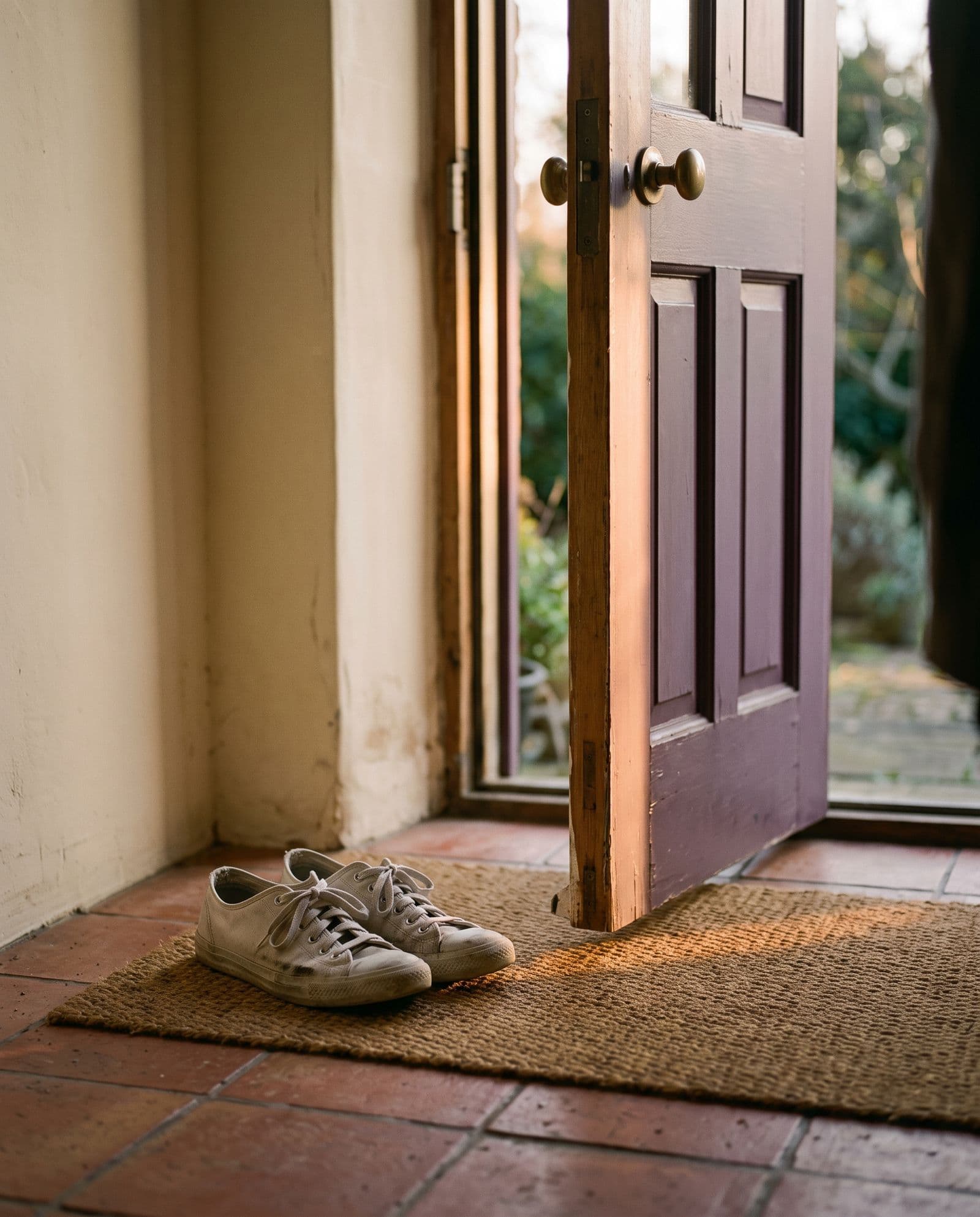 Walking shoes by a front door in morning light